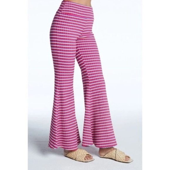 NWT Year Of Ours L Striped Pink Ribbed Flared Women's Pants - Picture 2 of 9